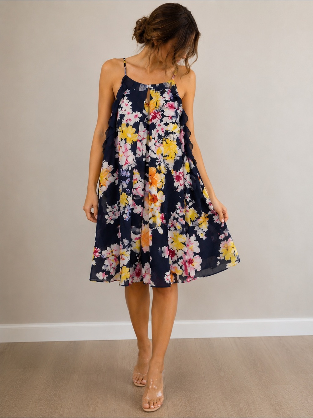 A. Byer Navy Floral Cold Shoulder Chiffon Dress Size M
